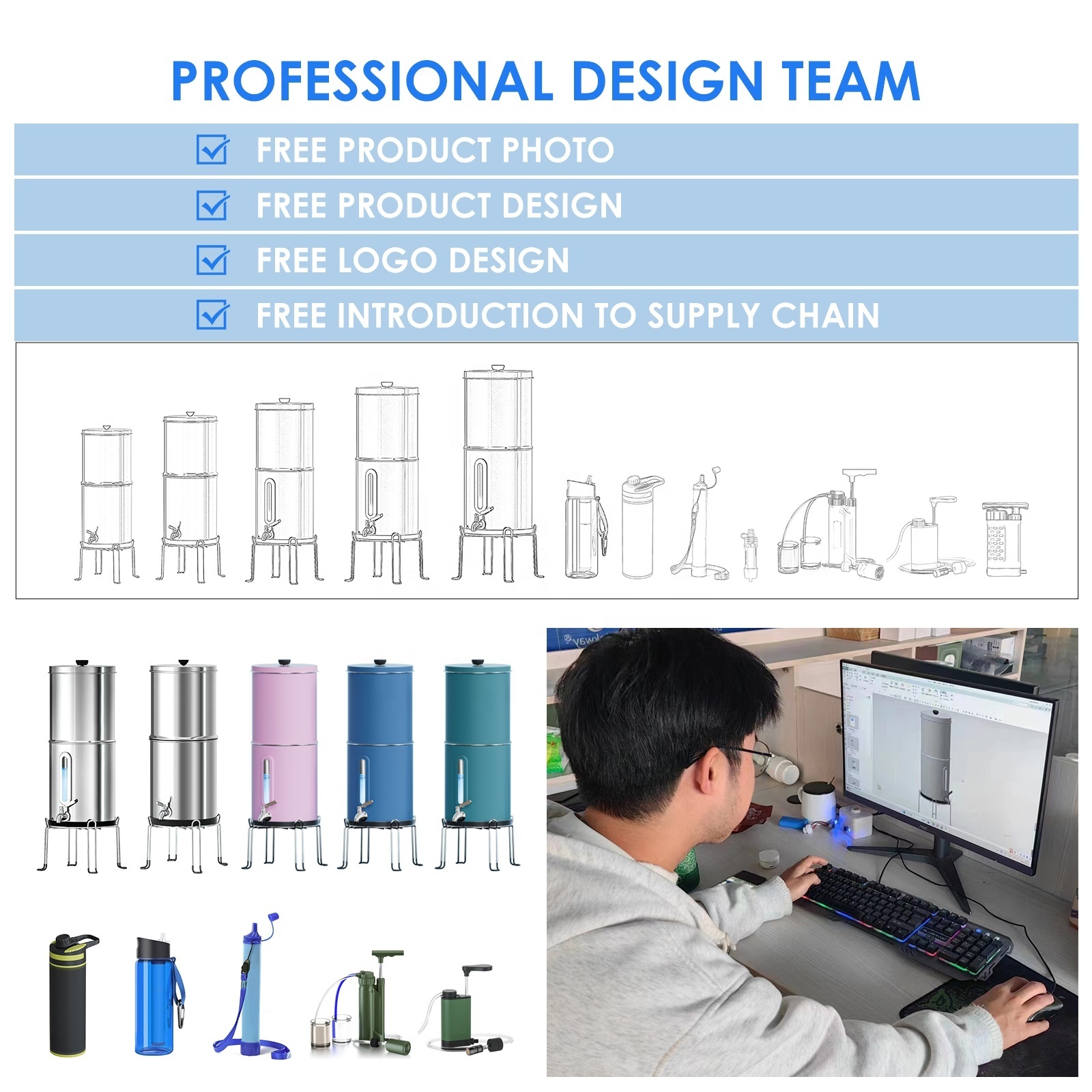 New Design Patent Protected Countertop Water Filter 304 Stainless Steel Gravity Water Filter System Home Water Filter