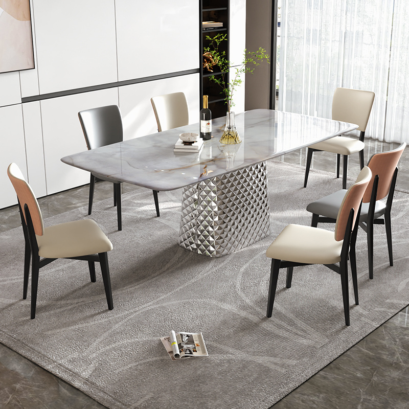 Modern Design Diamond Marble Black Full Metal Frame Furniture Marble Table Top Room Dining Table For Sale