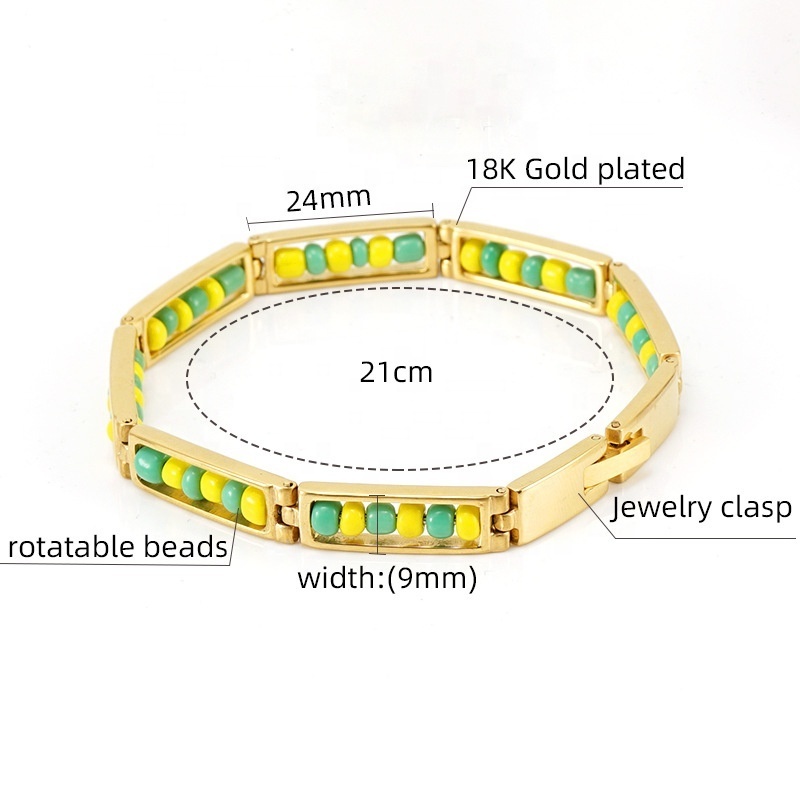 Hip Hop 18K Gold Plated Bangle Bracelets Waterproof Stainless Steel Boho Jewelry Punk Rotatable Seed Bead Bracelet Women Men