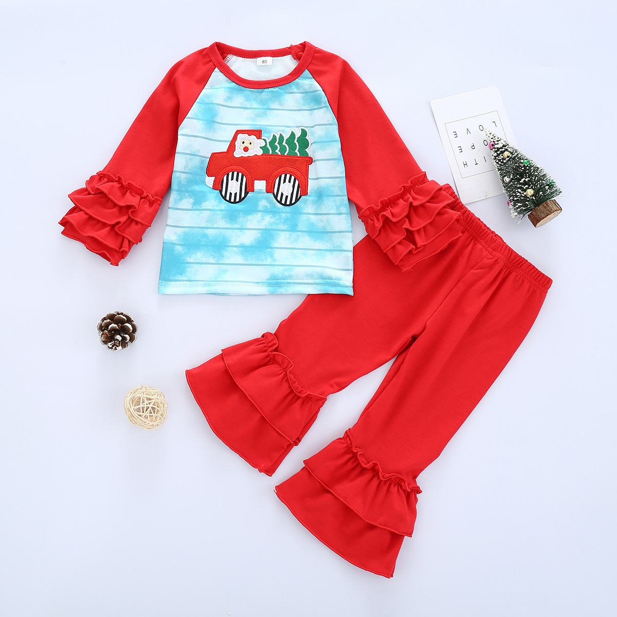 2023 New Girl Star Christmas Splicing Striped Flared Trousers Two-piece  Children's Cute Foreign Trade Children's Clothes