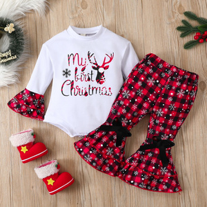 New Toddler 2023 Spring Autumn Style Europe Cute Crawling Clothes Trumpet Sleeve Christmas Jumpsuit Baby Bell Bottoms