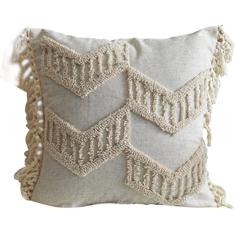 Linen Fringed Throw Pillow Cover Ramie Soft Cozy Boho Cushion Cover with Tassel for Couch Sofa Natural Decor Burlap Pillowcase