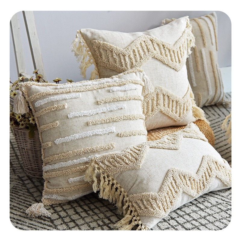 Linen Fringed Throw Pillow Cover Ramie Soft Cozy Boho Cushion Cover with Tassel for Couch Sofa Natural Decor Burlap Pillowcase