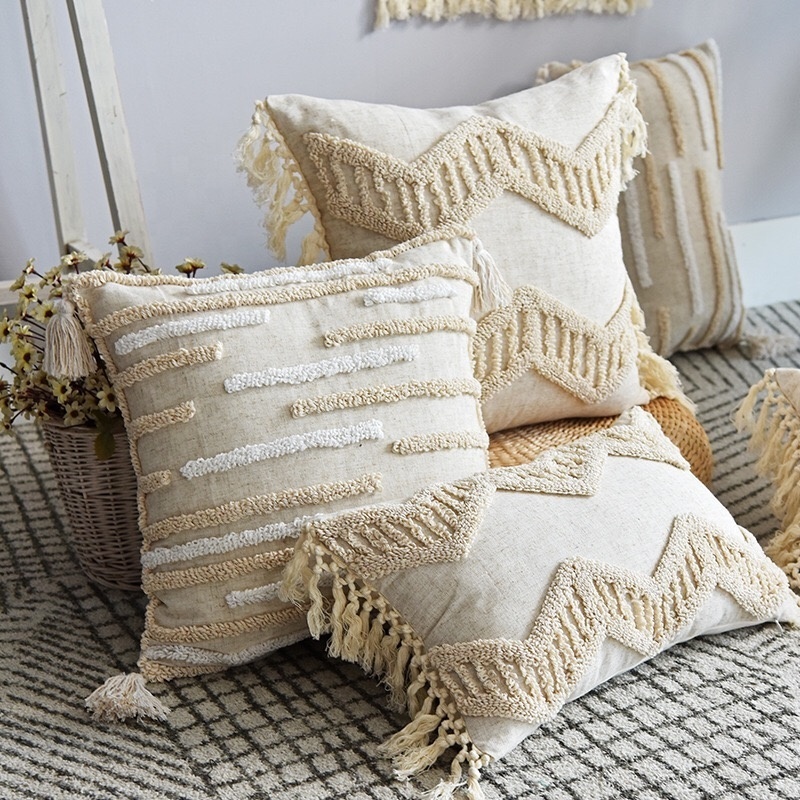 Linen Fringed Throw Pillow Cover Ramie Soft Cozy Boho Cushion Cover with Tassel for Couch Sofa Natural Decor Burlap Pillowcase