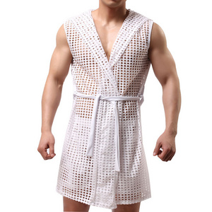 wholesale mesh fabric sexy sleepwear 2019 Summer  satin bath robe men sexy sleepwear Silk hombre hooded bathrobe