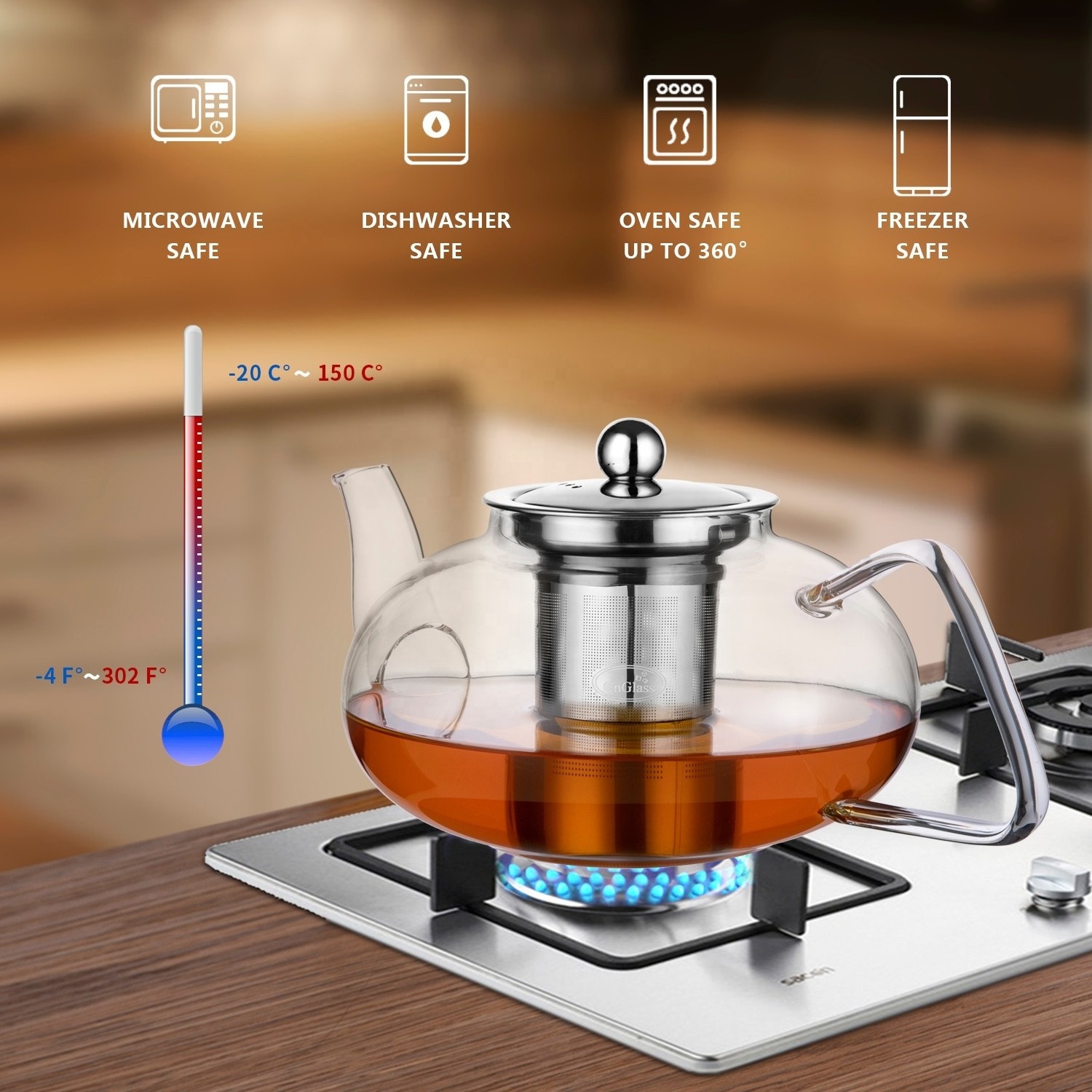 CnGlass 40.6oz. wholesale glass tea kettle and tea pot maker stovetop safe glass teapot for flower tea