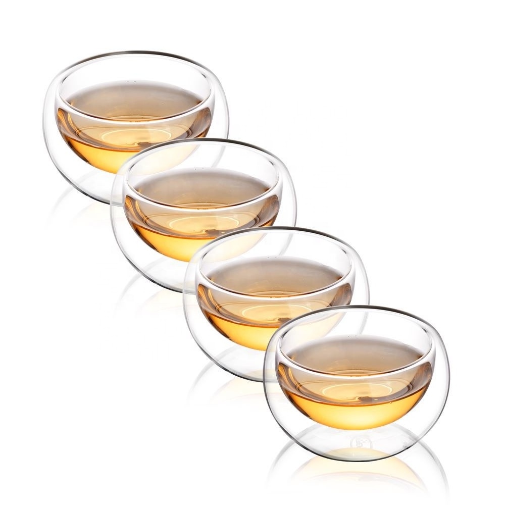 CnGlass Clear Glass Matcha Tea Bowl Double Wall Insulated Borosilicate wholesale Glass Tea Cup set for green tea Set Of 4