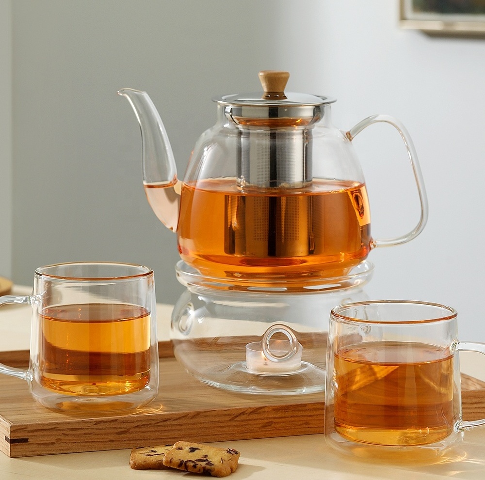 CnGlass Clear Tea & Coffee Glass Kettle Stovetop Safe Tea Pot set Borosilicate glass resistant teapot with  infuser