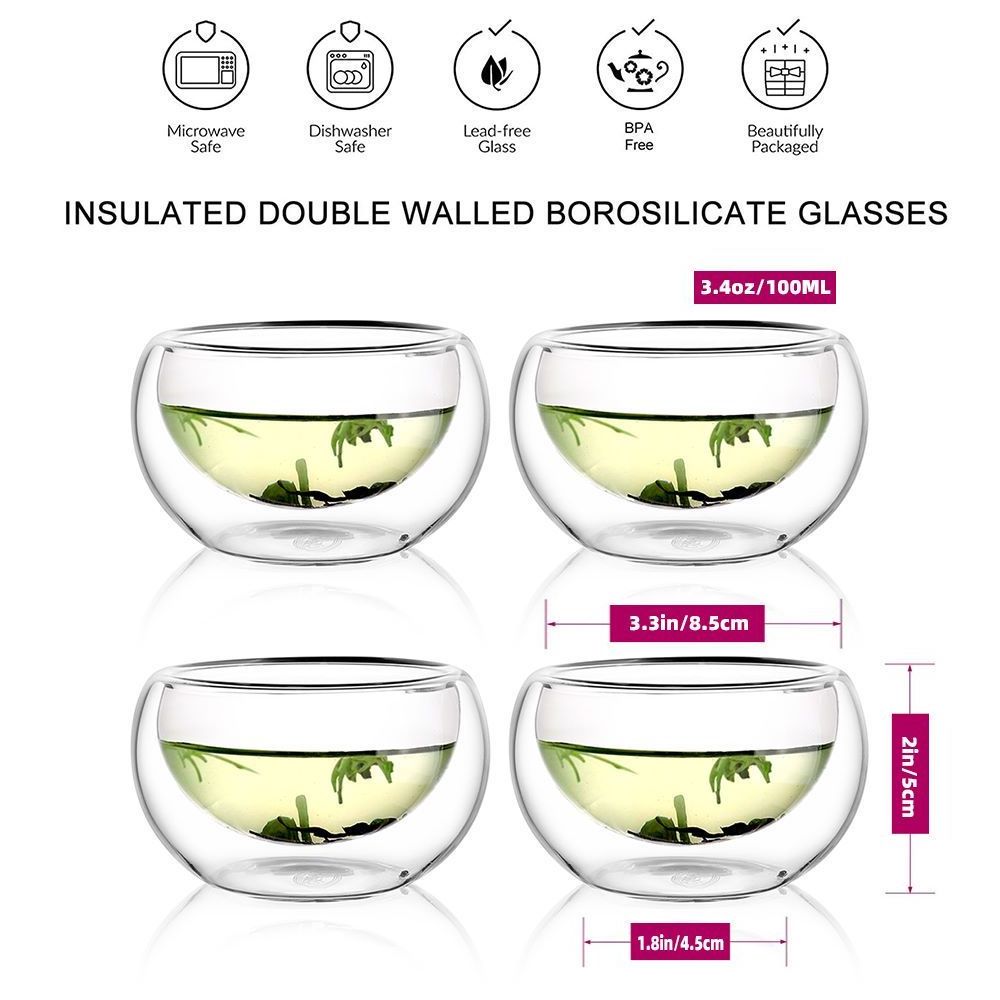 CnGlass Clear Glass Matcha Tea Bowl Double Wall Insulated Borosilicate wholesale Glass Tea Cup set for green tea Set Of 4