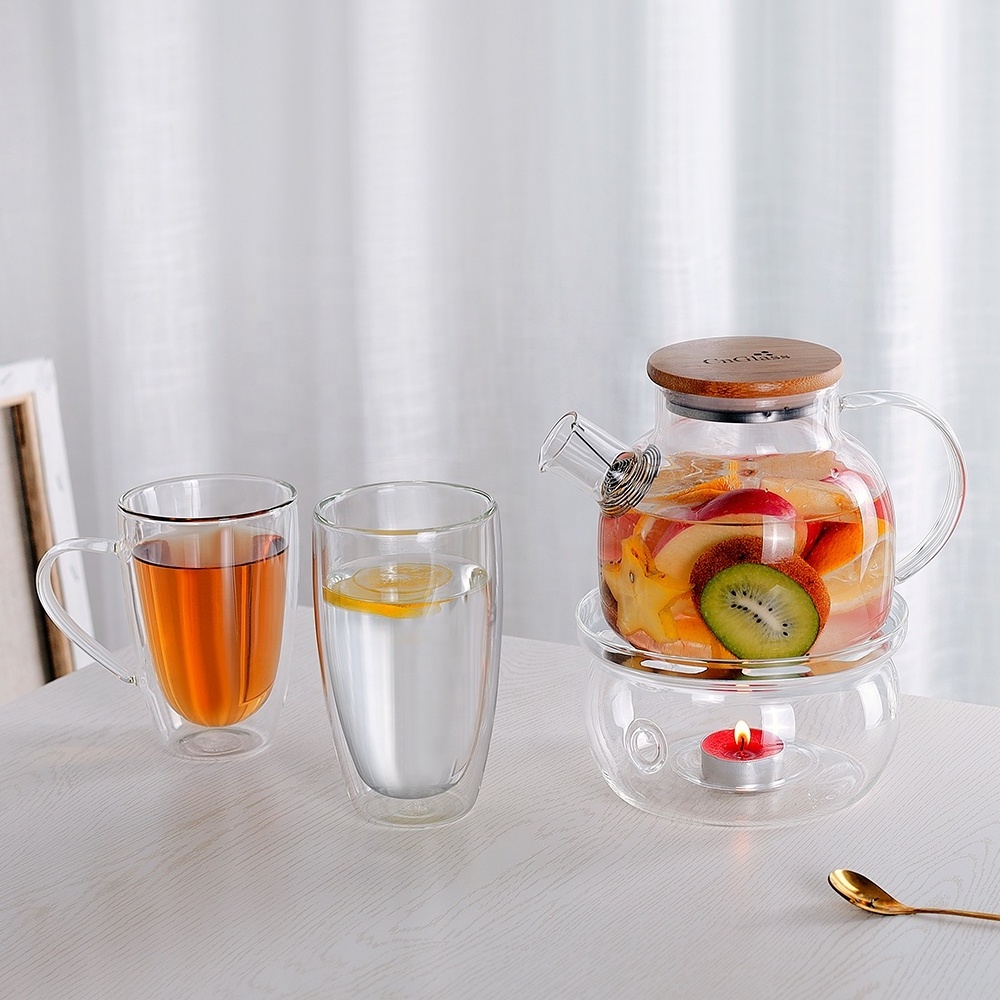 CnGlass Wholesale  High Quality Glass Tea Pot And Warmer Set Stovetop Safe Glass Teapot And Cups glass tea set