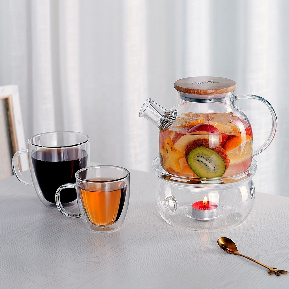 CnGlass Wholesale  High Quality Glass Tea Pot And Warmer Set Stovetop Safe Glass Teapot And Cups glass tea set