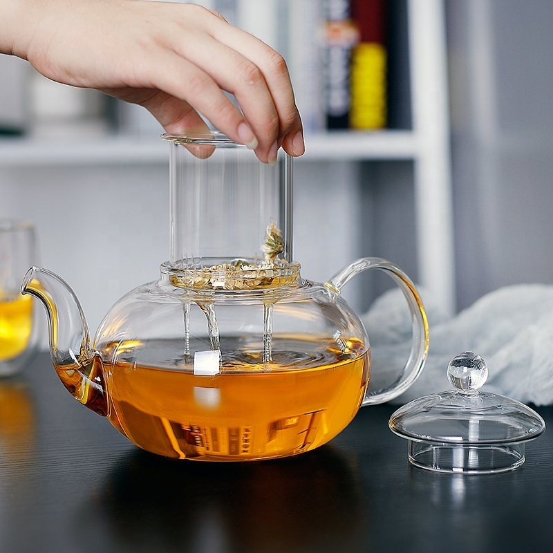 Wholesale Hand Blown Borosilicate Glass Teapots With Infuser For Gas Stove Glass Tea Pot Set With Warmer And Candle Heating