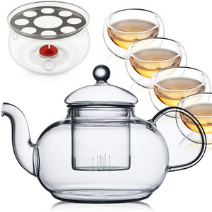 CnGlass Customise Clear Glass Tea Set With Cups  Stovetop Safe Borosilicate Glass Teapot And Cup Set