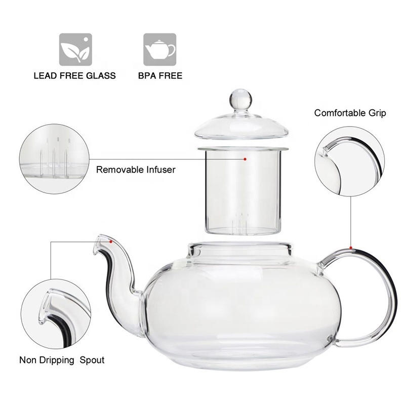 Wholesale Hand Blown Borosilicate Glass Teapots With Infuser For Gas Stove Glass Tea Pot Set With Warmer And Candle Heating