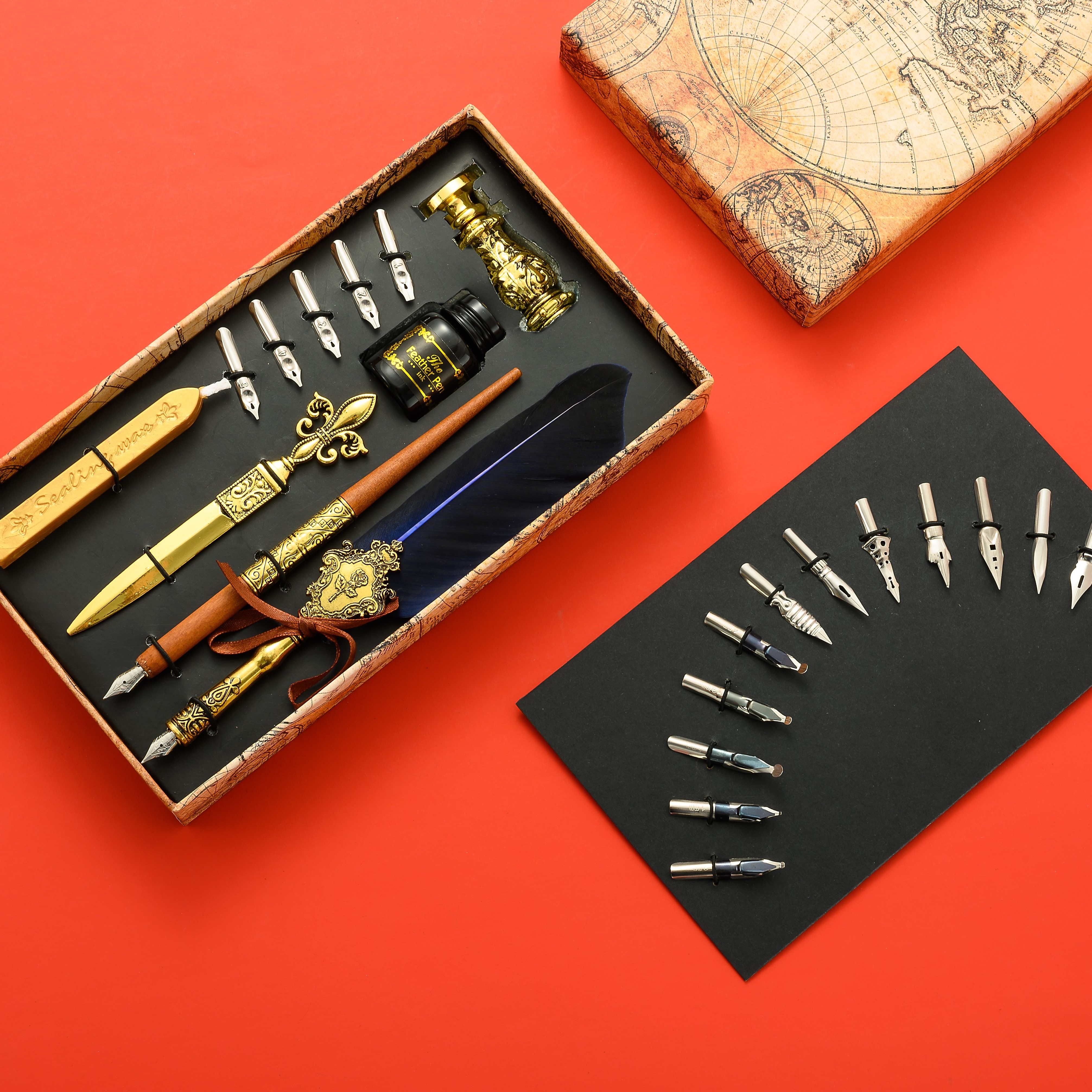 New arrival retro calligraphy pen vintage feather fountain pen gift set with seal wax stamp