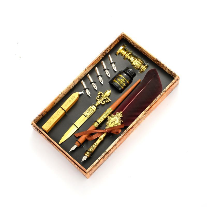 New arrival retro calligraphy pen vintage feather fountain pen gift set with seal wax stamp