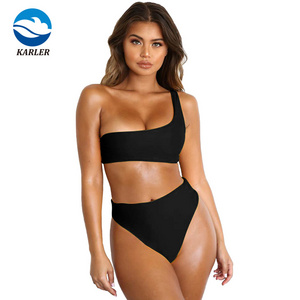 Wholesale Bathing Suit One Shoulder Swimwear Solid Color High Cut Swimming Women Two Piece Bikini