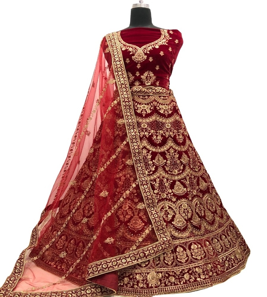 High Quality indian style maroon 9000 velvet bridal lehenga choli with thread embroidery work blouse manufacturer Price