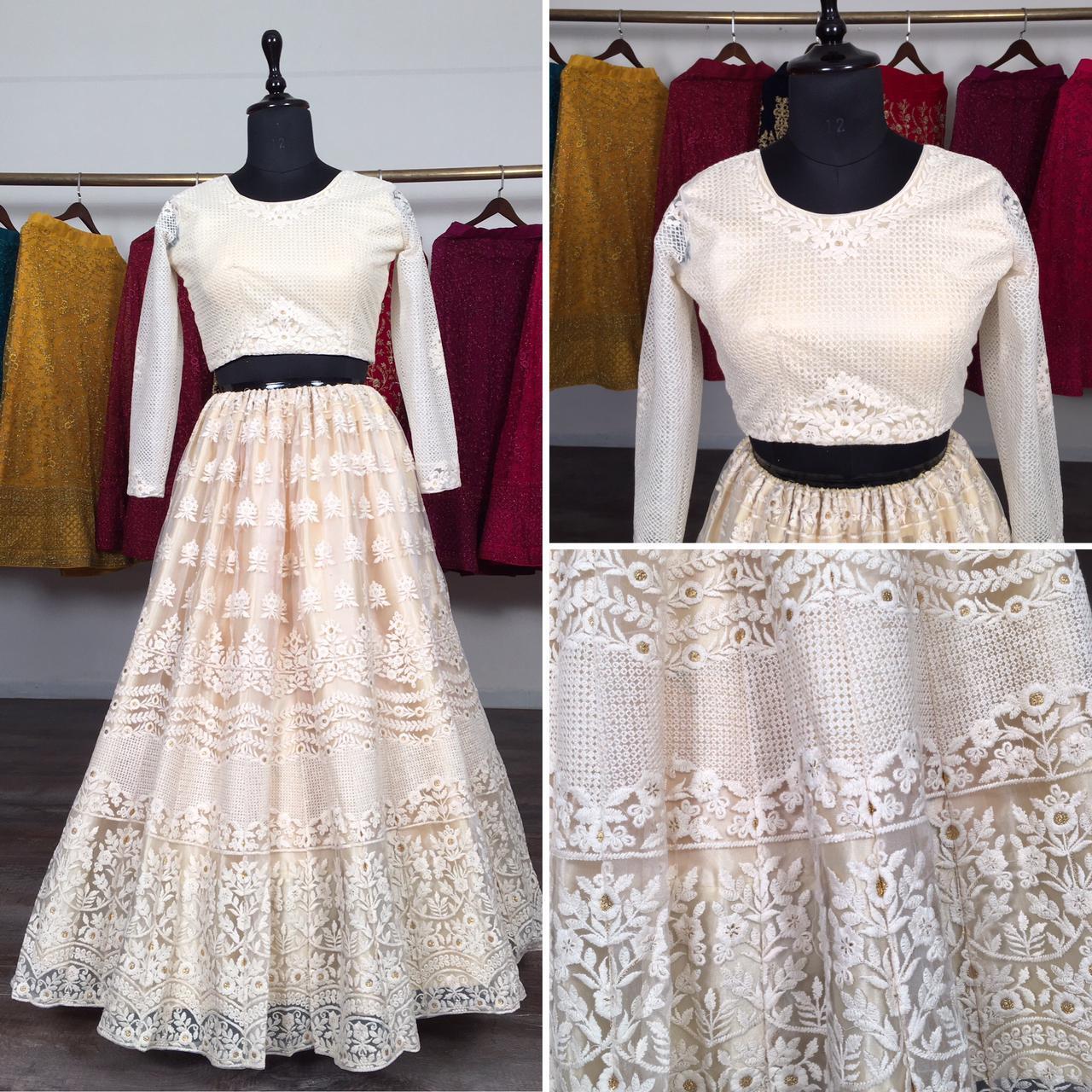 High Quality Indian style white net bridal lehenga choli with lucknowi thread embroidery work blouse manufacturer price