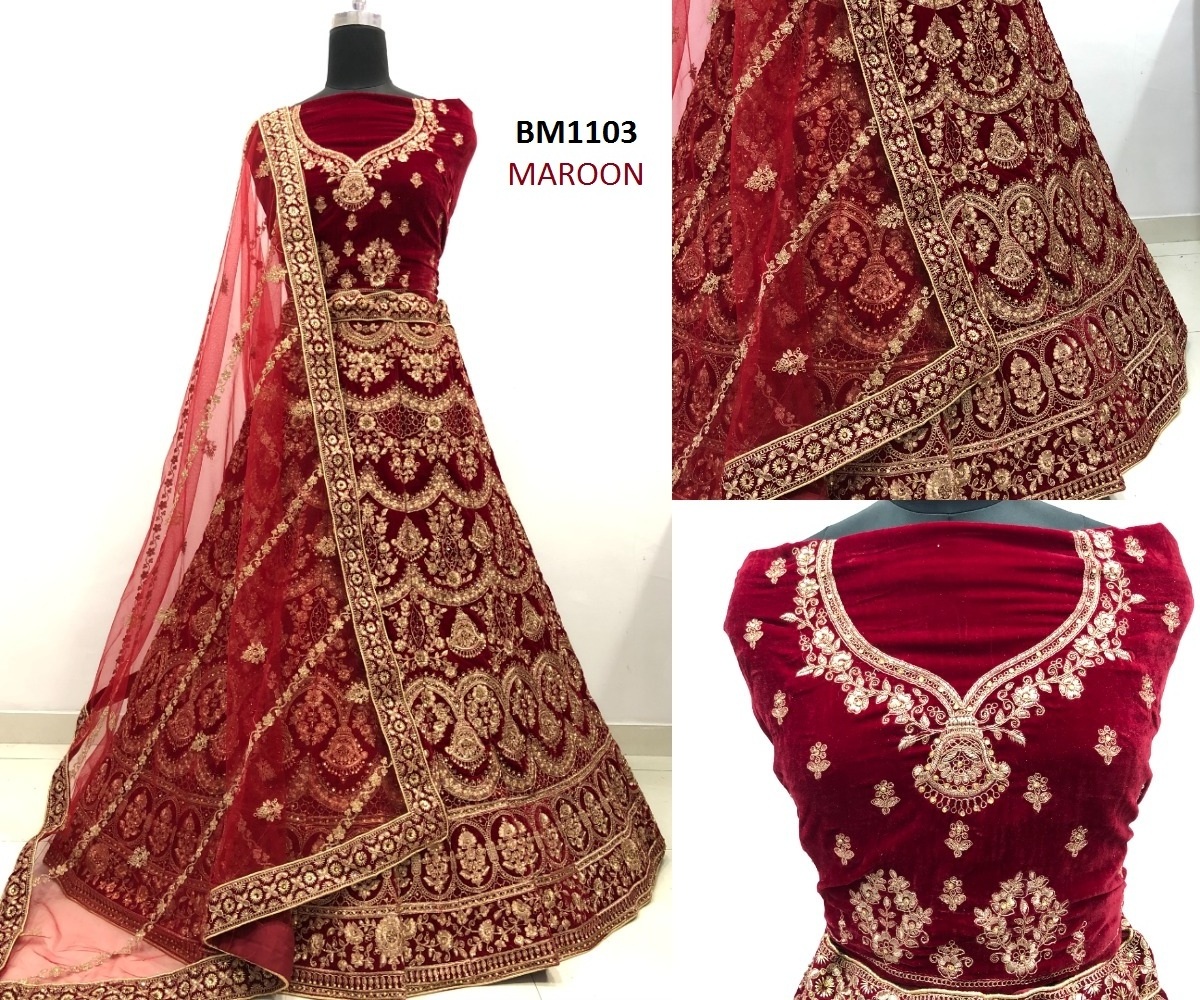 High Quality indian style maroon 9000 velvet bridal lehenga choli with thread embroidery work blouse manufacturer Price