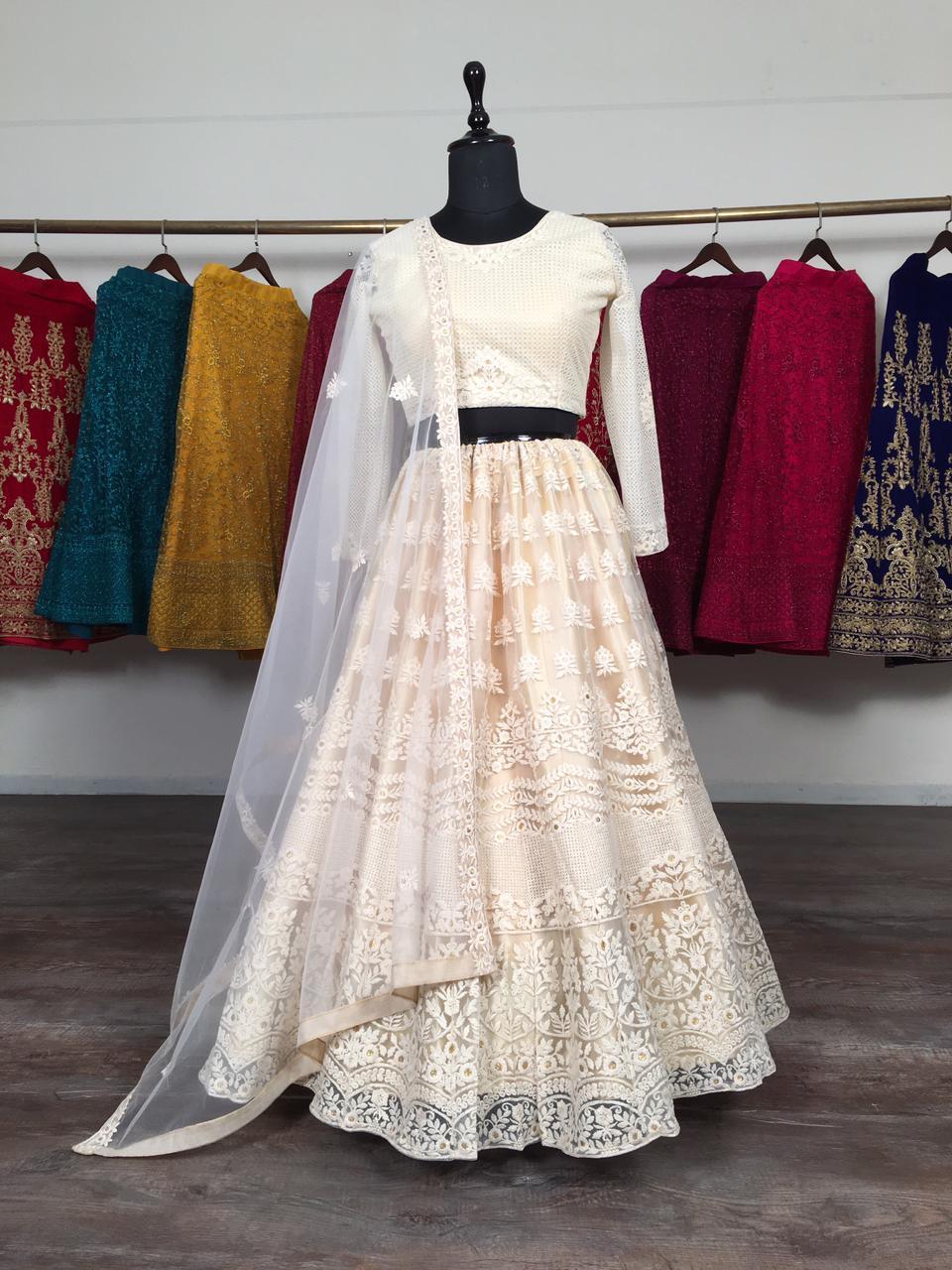 High Quality Indian style white net bridal lehenga choli with lucknowi thread embroidery work blouse manufacturer price