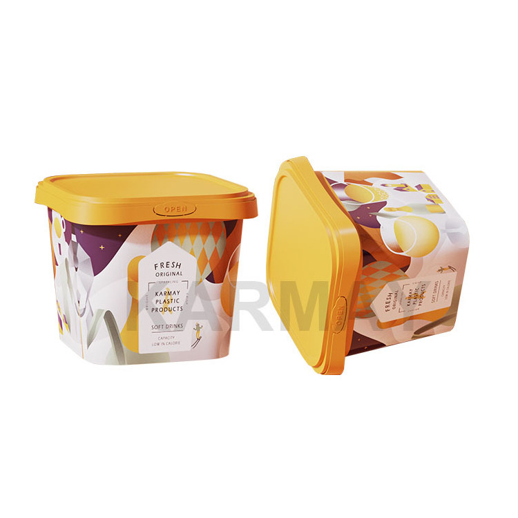 Customized iml PP  500ml 750ml 1L 1.5L 2L   Square Shape Ice Cream Bucket Plastic Yogurt Bucket with lid with handle