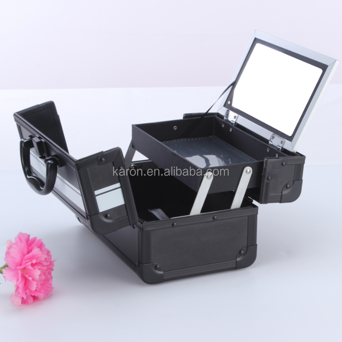 portable black hard aluminum makeup case with mirror cosmetics organizer professional nail cases