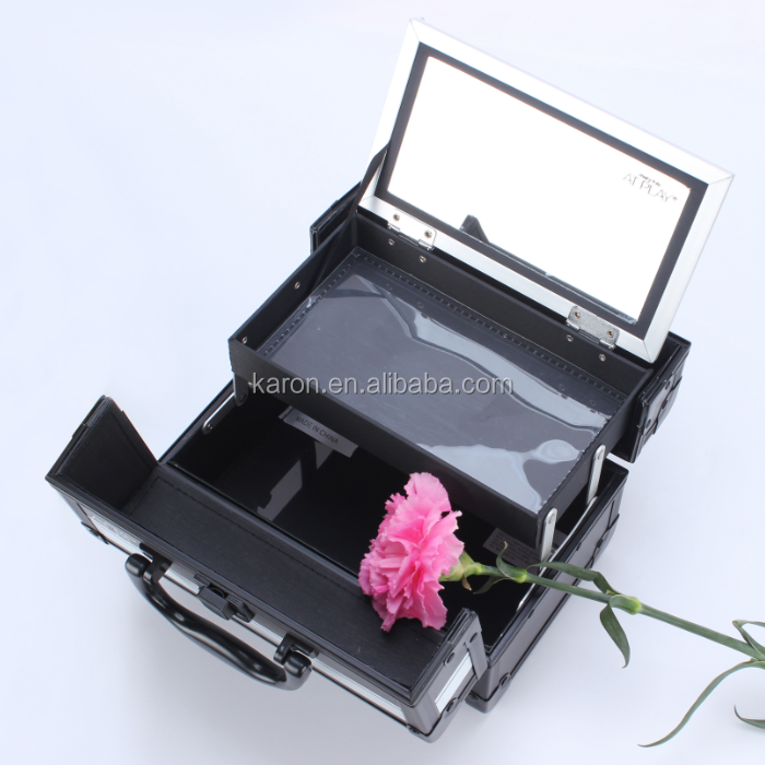 portable black hard aluminum makeup case with mirror cosmetics organizer professional nail cases