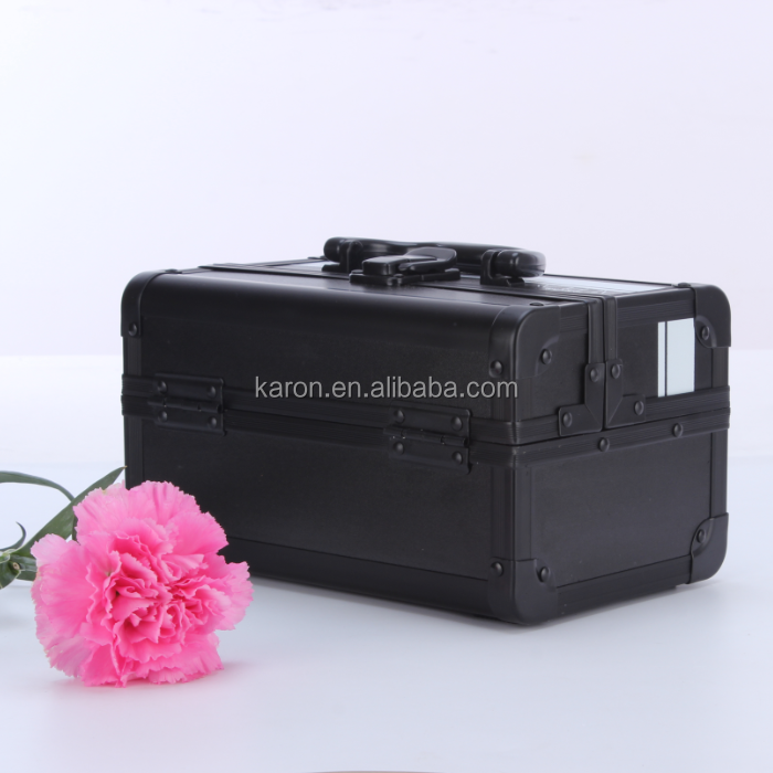 portable black hard aluminum makeup case with mirror cosmetics organizer professional nail cases