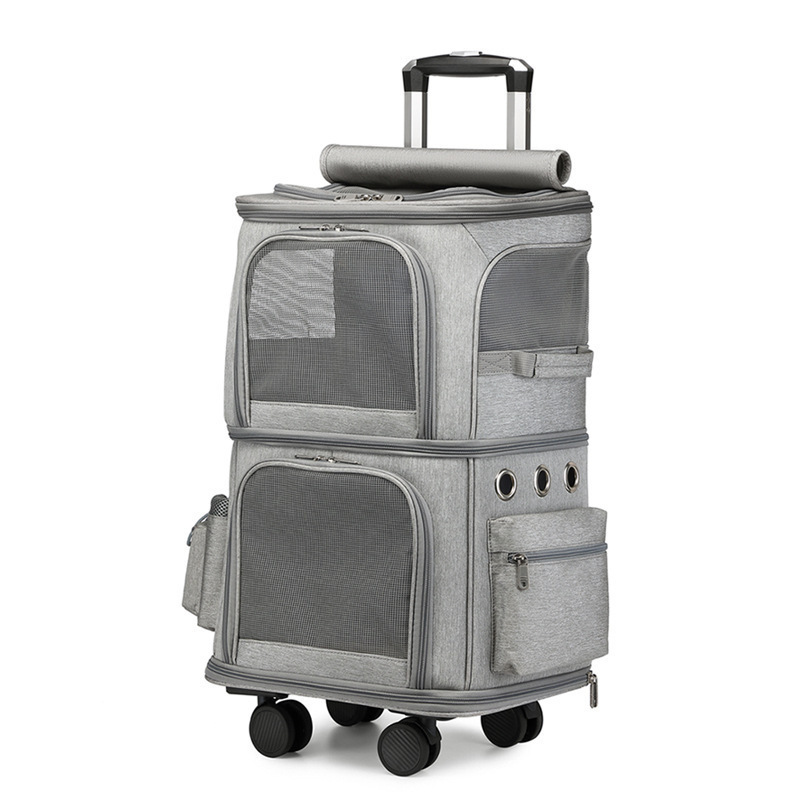 Double-deck Trolley Pet Carrier 2-in-1Clear Pet Carrier Luggage with Wheels Small Cat Carrier Portable Pet Travel Bag