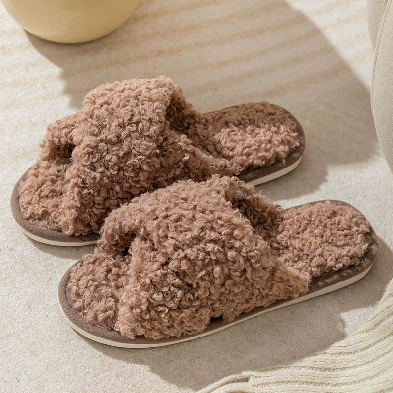 Wholesale Winter Women Home Slippers Cross Hair Slippers Open Toe Fur Fluffy Cross Plush Slippers