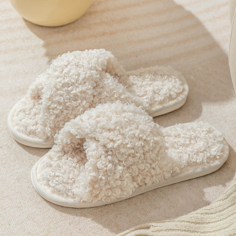 Wholesale Winter Women Home Slippers Cross Hair Slippers Open Toe Fur Fluffy Cross Plush Slippers