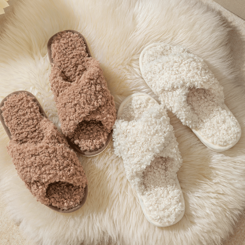 Wholesale Winter Women Home Slippers Cross Hair Slippers Open Toe Fur Fluffy Cross Plush Slippers