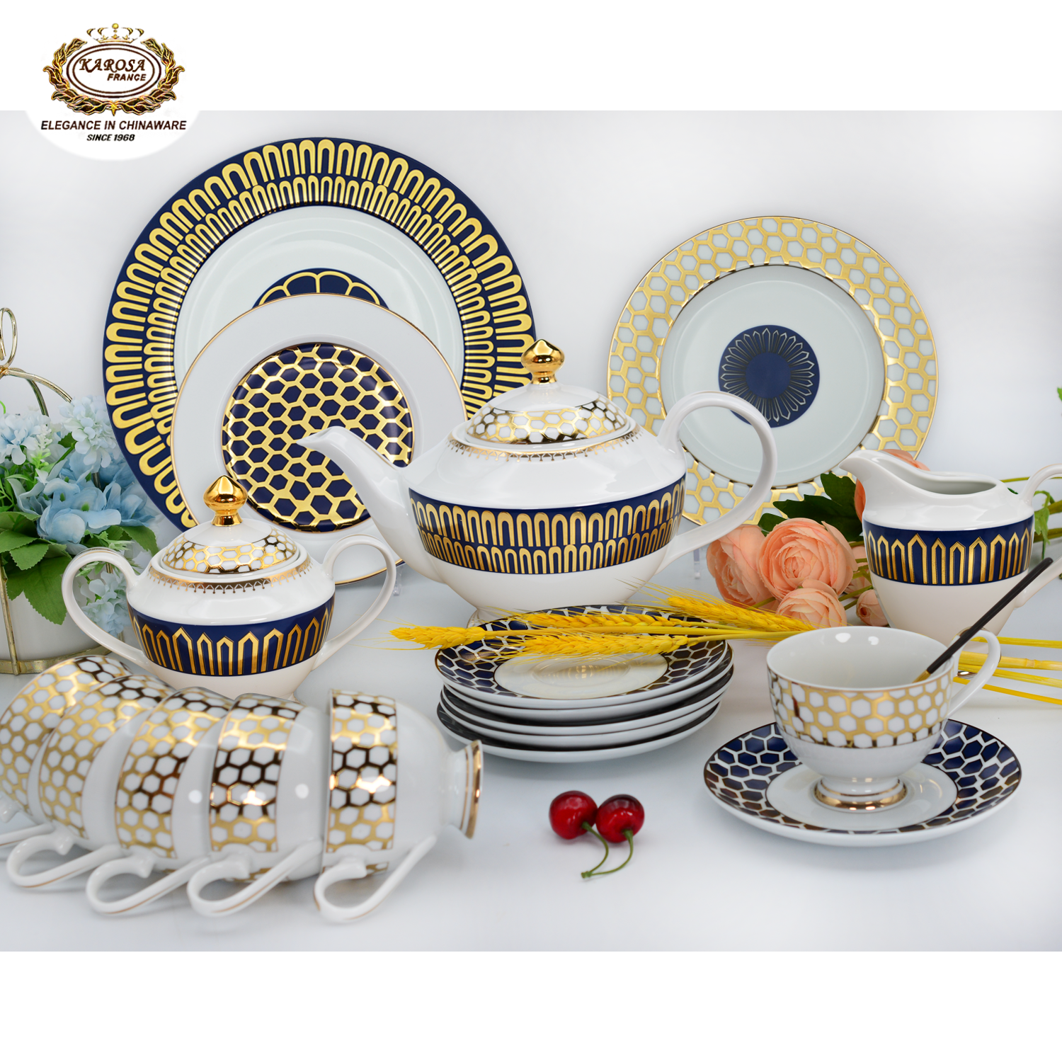 98PCS RTS  Famous brand modern luxury porcelain dinner dinner set with 24k pure gold decoration embossed gold dinnerware