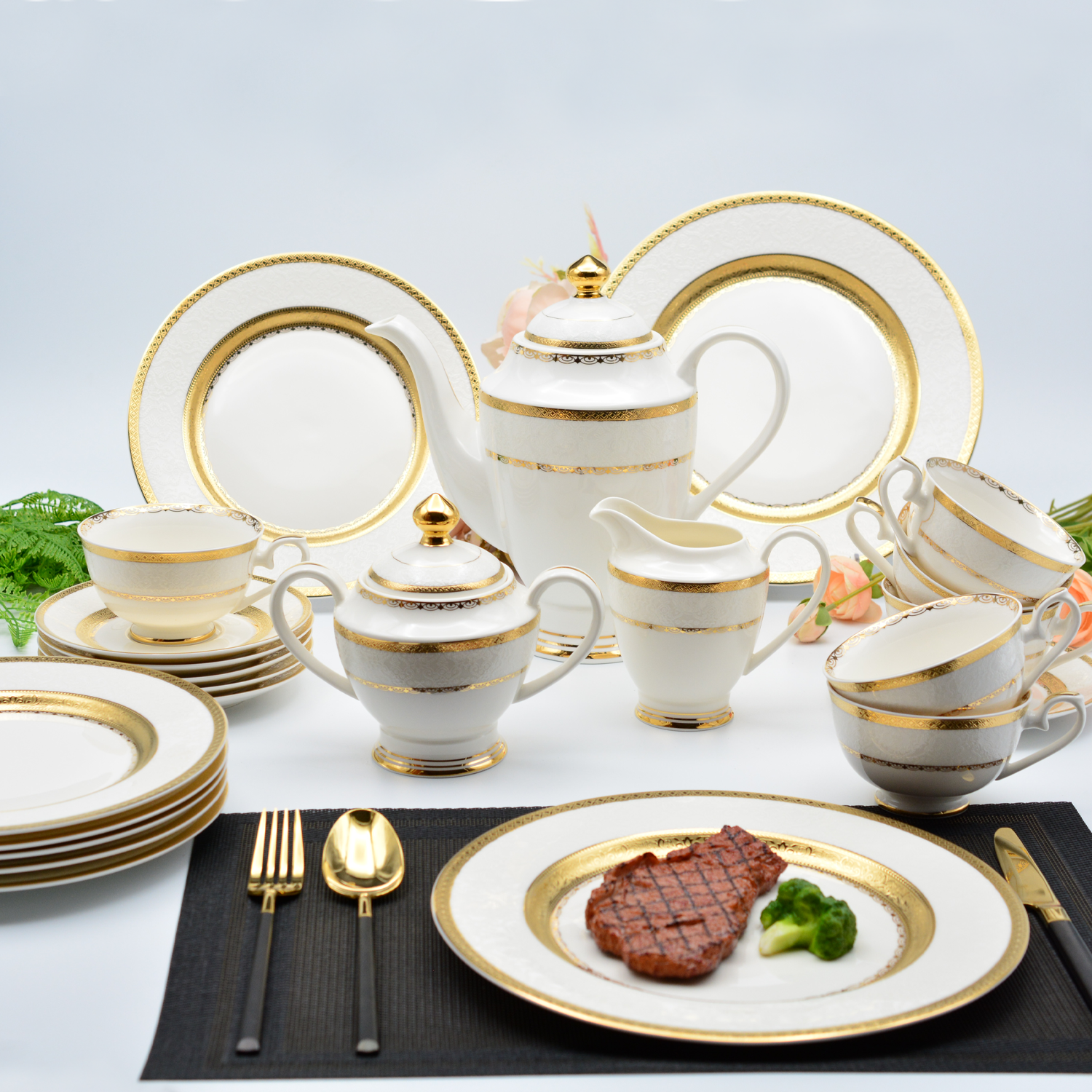 24pcs Golden embossed gold decorative bone china porcelain tea cup teapot sugar milk pot saucers set