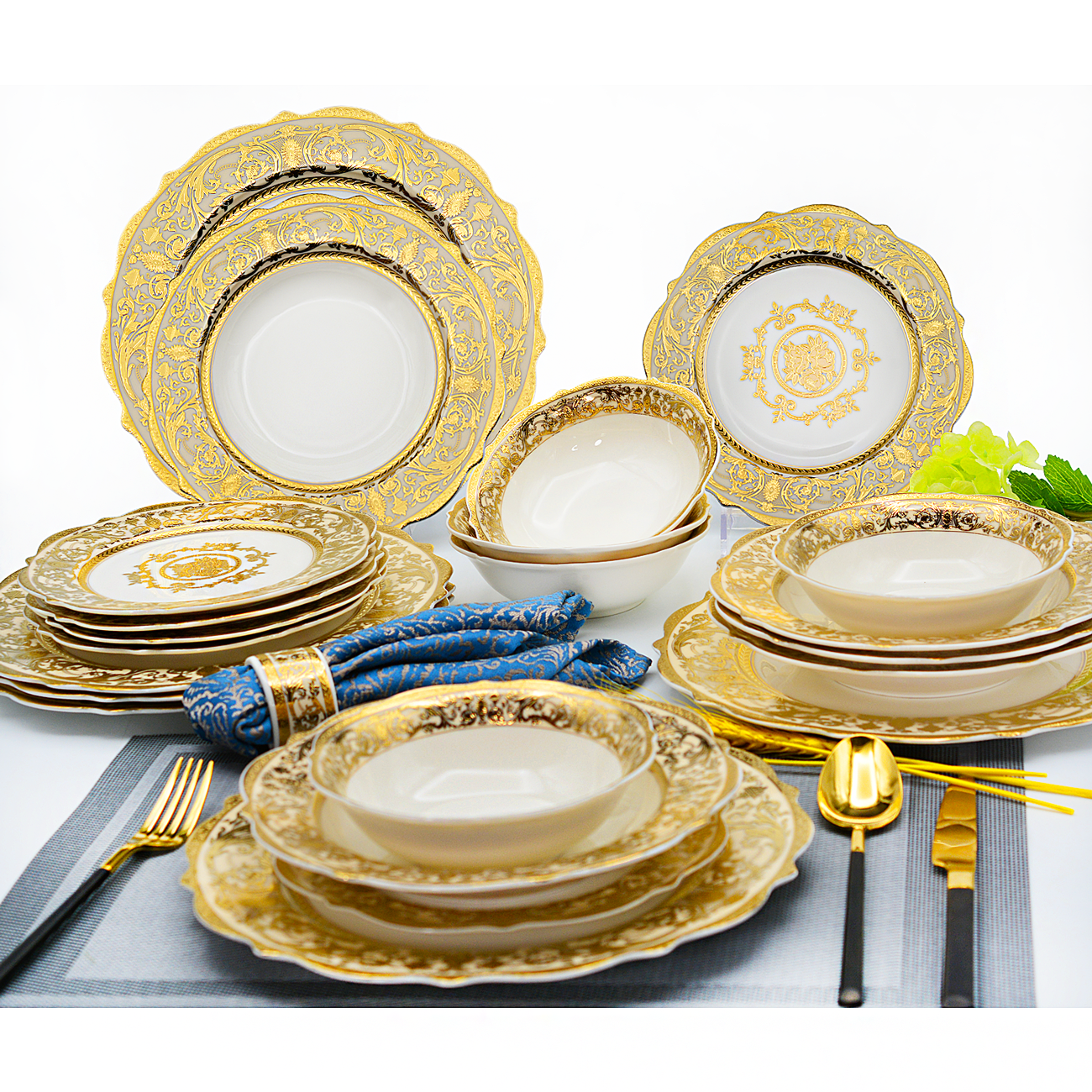 karosa 24pcs Embossed gold porcelain tableware set luxury style bone china dinner sets