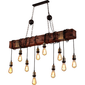 Light Fixture with Railroad Tie and Edison Lights Farmhouse Chandelier Wooden Beam Pendant Lamp