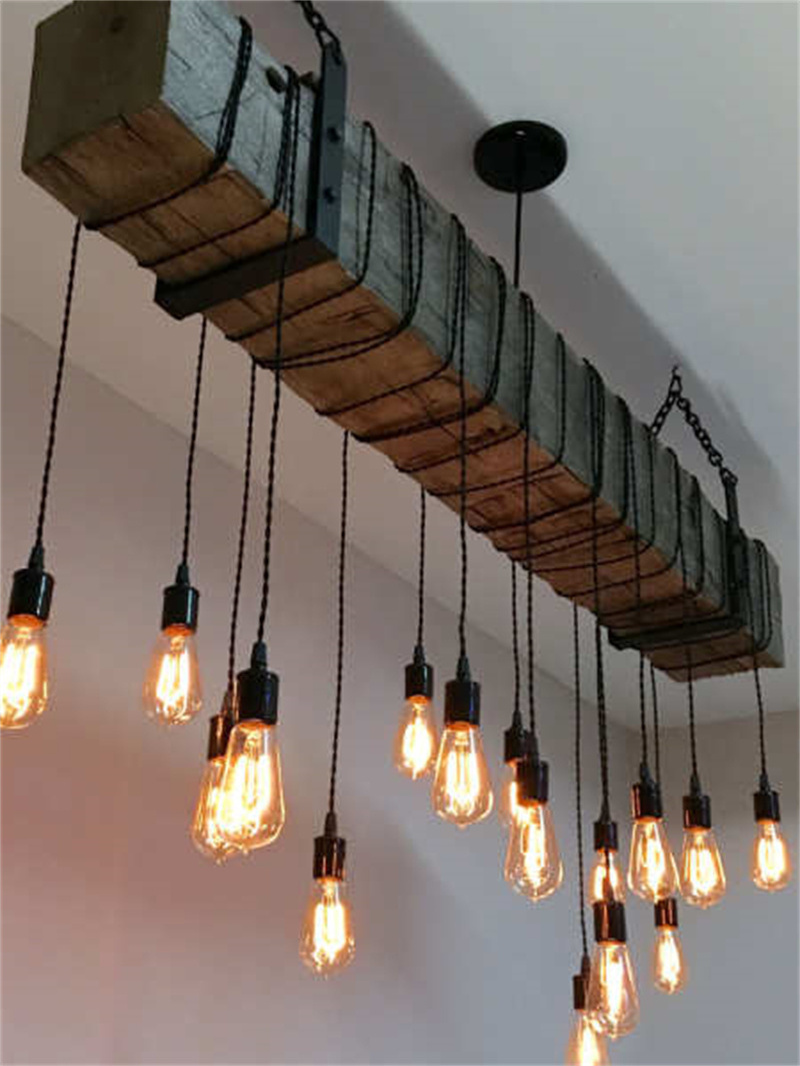 Light Fixture with Railroad Tie and Edison Lights Farmhouse Chandelier Wooden Beam Pendant Lamp