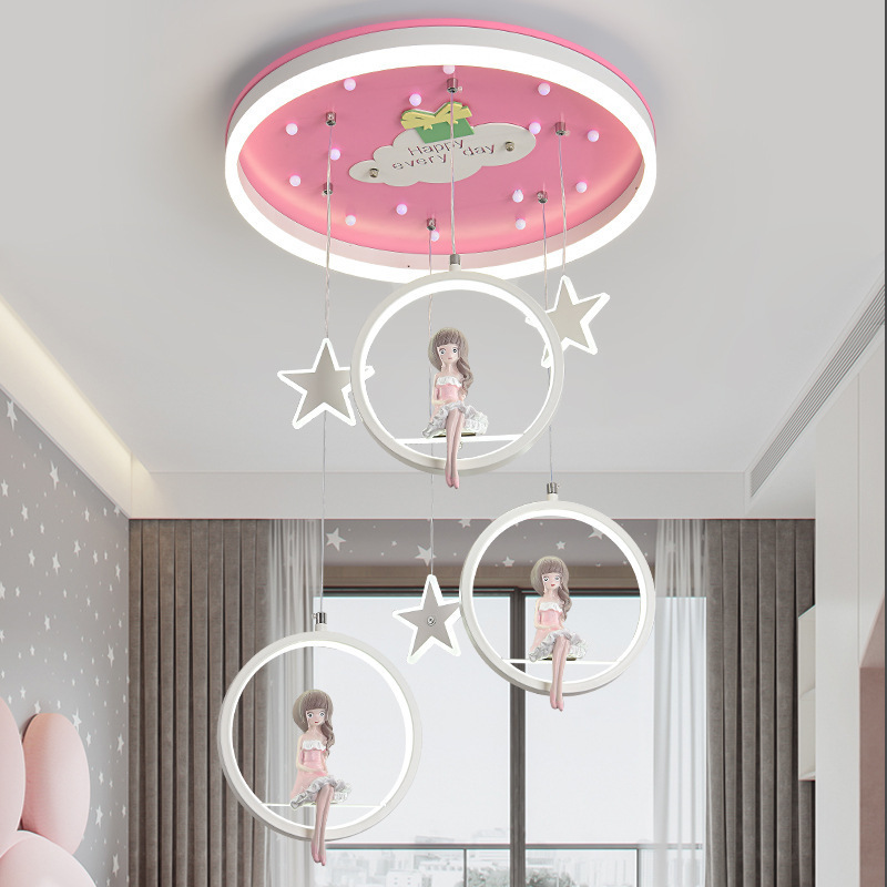 Pink/Blue Circle Flush Mount Lamp Kids Metal LED Ceiling Light Fixture with Suspended Princess/Astronaut