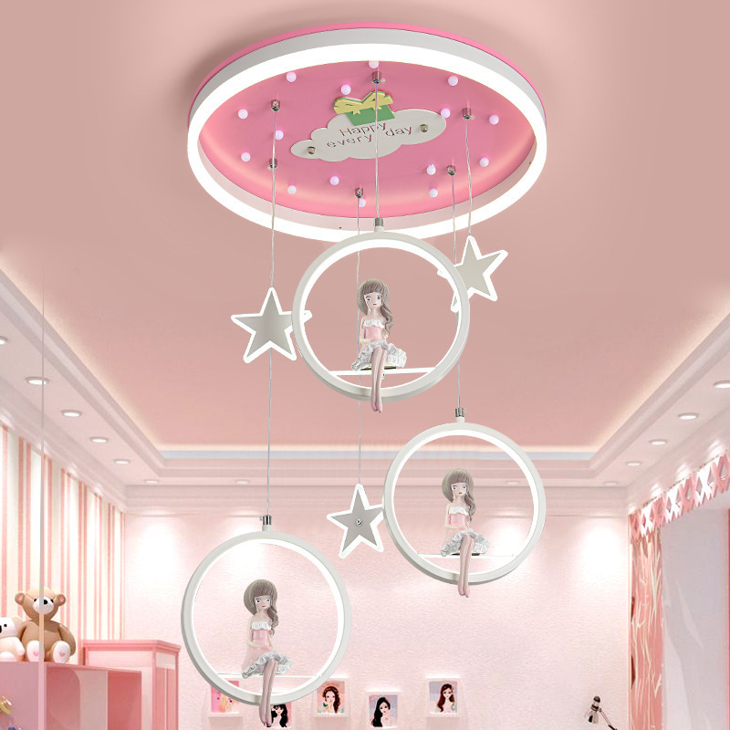 Pink/Blue Circle Flush Mount Lamp Kids Metal LED Ceiling Light Fixture with Suspended Princess/Astronaut