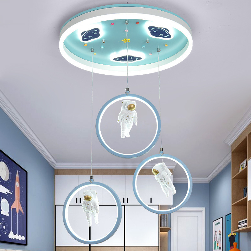 Pink/Blue Circle Flush Mount Lamp Kids Metal LED Ceiling Light Fixture with Suspended Princess/Astronaut