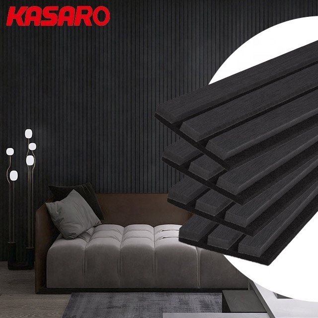 KASARO Hot selling black 3d model design 2400 600mm acoustic wood wall panel for hotel sound absorption slatted