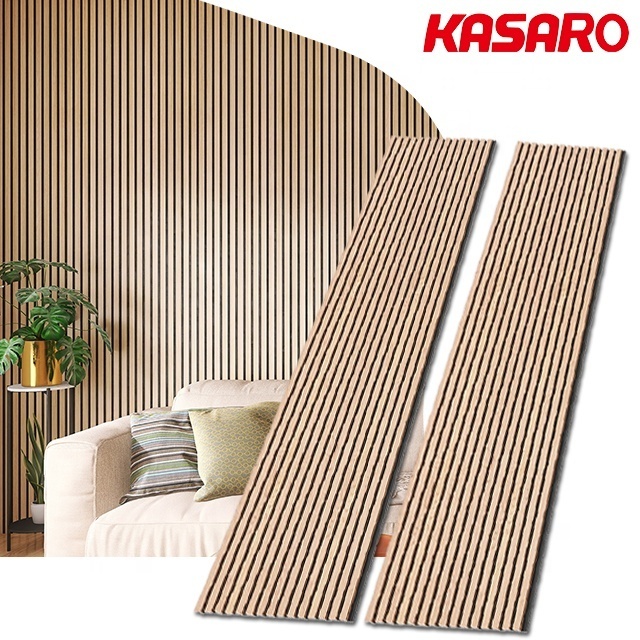 KASARO Hot selling black 3d model design 2400 600mm acoustic wood wall panel for hotel sound absorption slatted