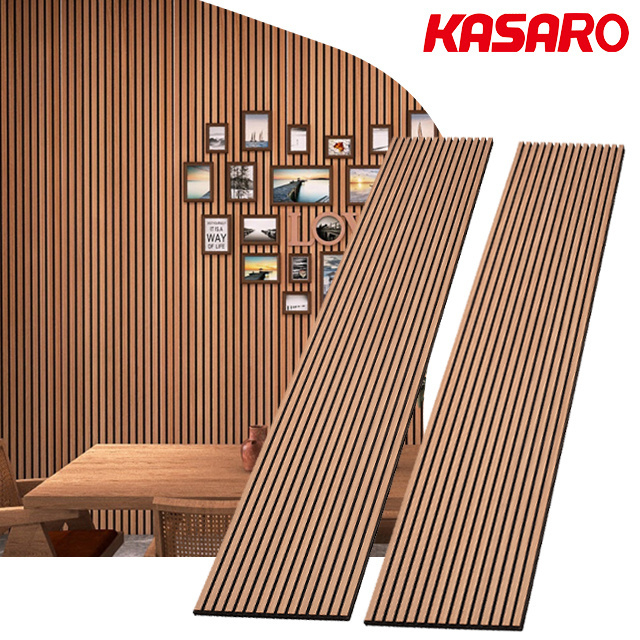 KASARO Hot selling black 3d model design 2400 600mm acoustic wood wall panel for hotel sound absorption slatted