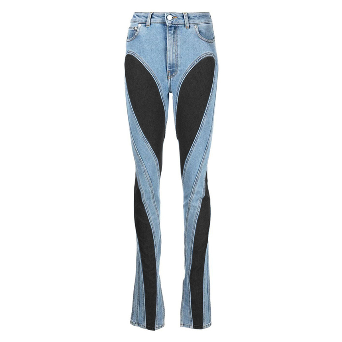 Contrasting color Pantalones vaqueros de cuello alto Jeans taille haute high waist sexy skinny slit hem ladies denim jeans