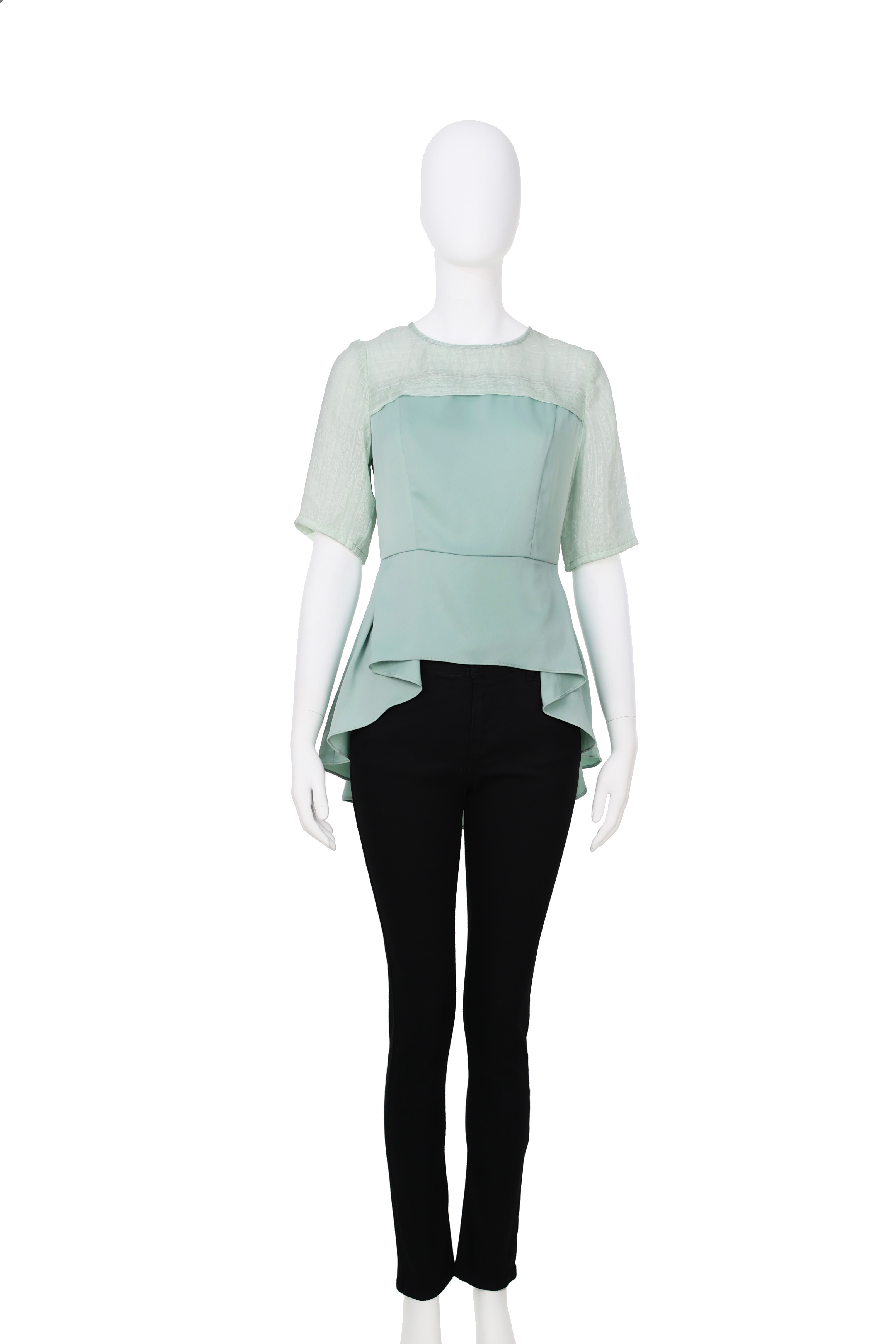 New ladies round neck short sleeve combined see-through bottom swallow tail blouse short front long back chiffon blouse