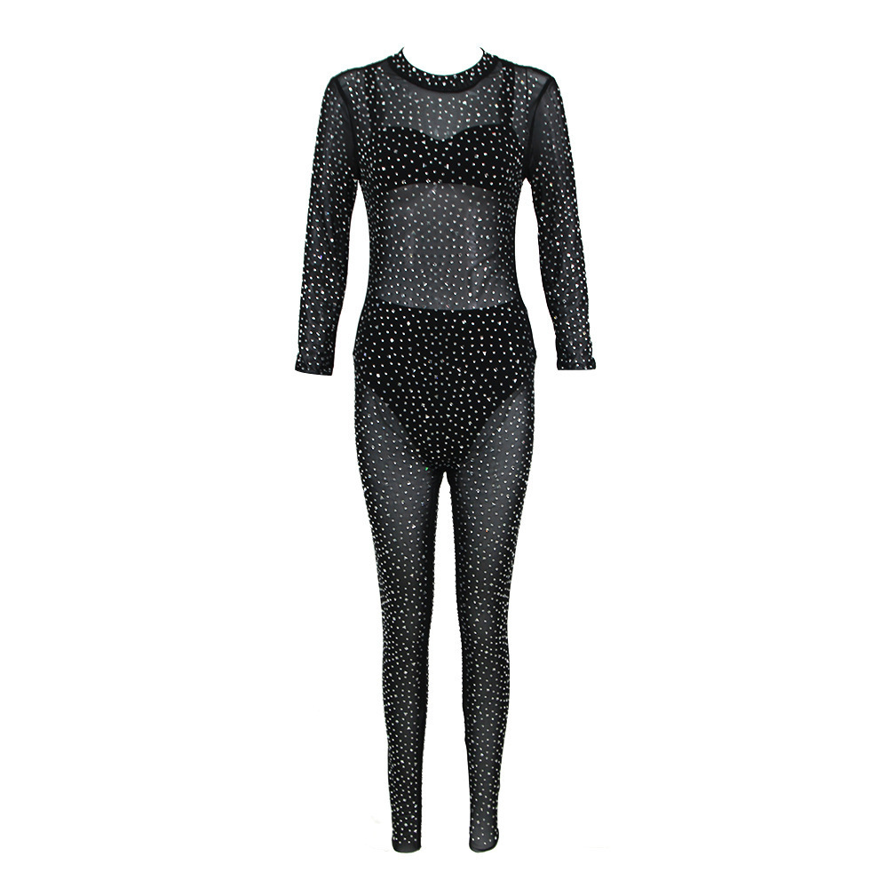 Trims Jumpsuit Three Piece Set Transparent Shinny Crystal The Latest Fashion Mesh Lace Fabric Crew Neck Ladies Women Style Black