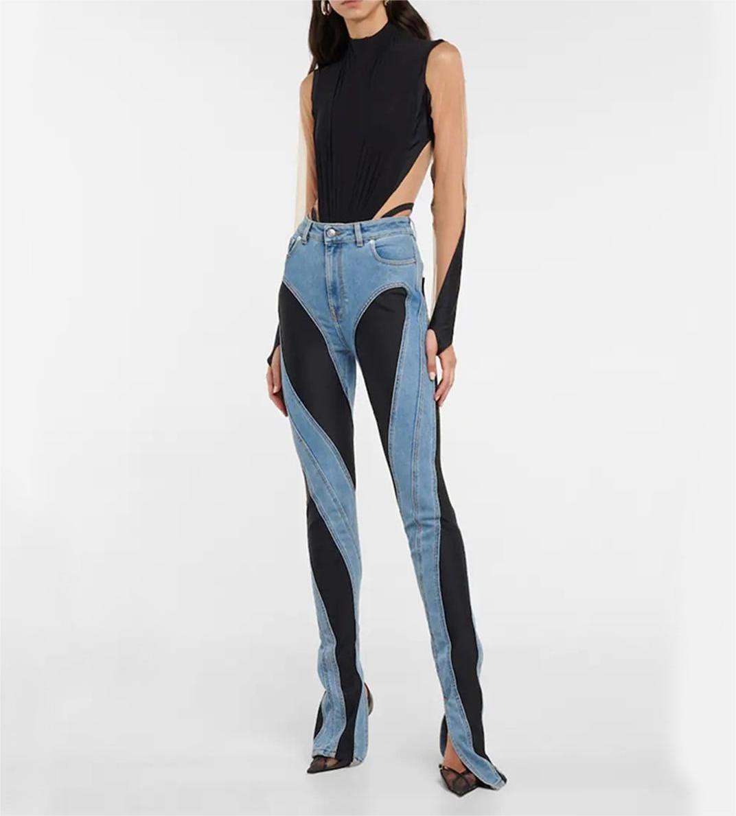 Contrasting color Pantalones vaqueros de cuello alto Jeans taille haute high waist sexy skinny slit hem ladies denim jeans