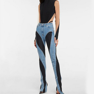 Contrasting color Pantalones vaqueros de cuello alto Jeans taille haute high waist sexy skinny slit hem ladies denim jeans