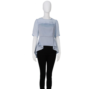 New ladies round neck short sleeve combined see-through bottom swallow tail blouse short front long back chiffon blouse